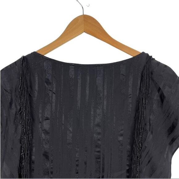 BCBGMAXAZRIA Black Silk Ruffle Blouse Top Beaded Fringe with Shinny Stripes XXS - Picture 8 of 16